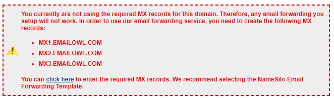 An screenshot of NameSilo’s notice that MX Records are not yet set up
